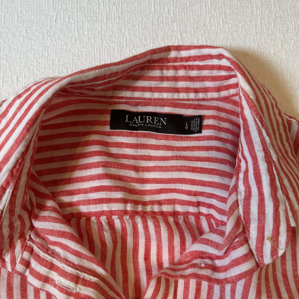 Lauren Ralph Lauren Red/White Striped Tie Front Linen Top Large Coastal Chic - Picture 6 of 10